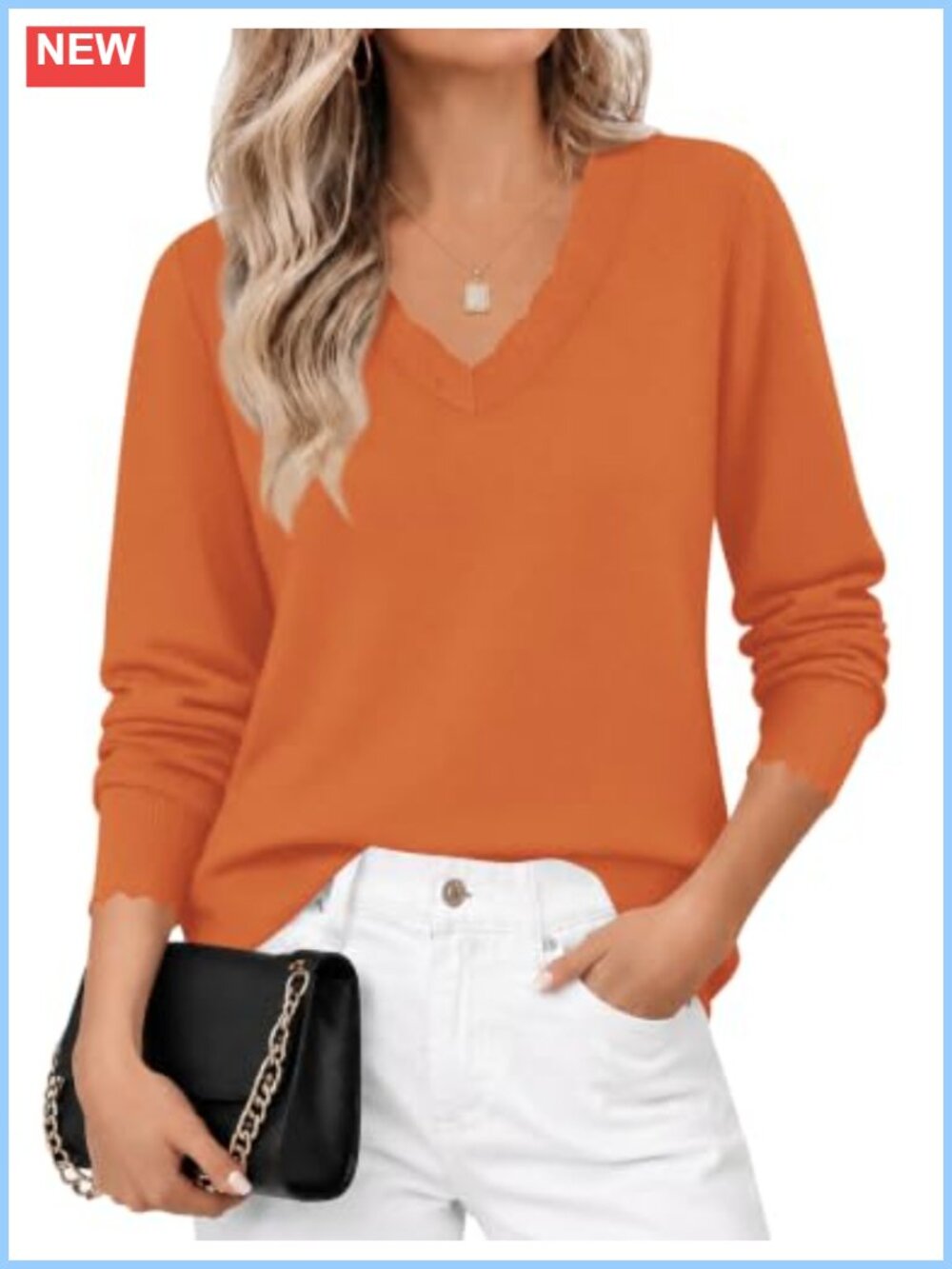 Women's Scalloped V Neck Long Sleeve Knit Sweater Pullover